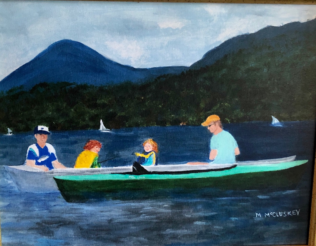 Oil painting of four family members in a green canoe on a mountain lake by Mary McCluskey