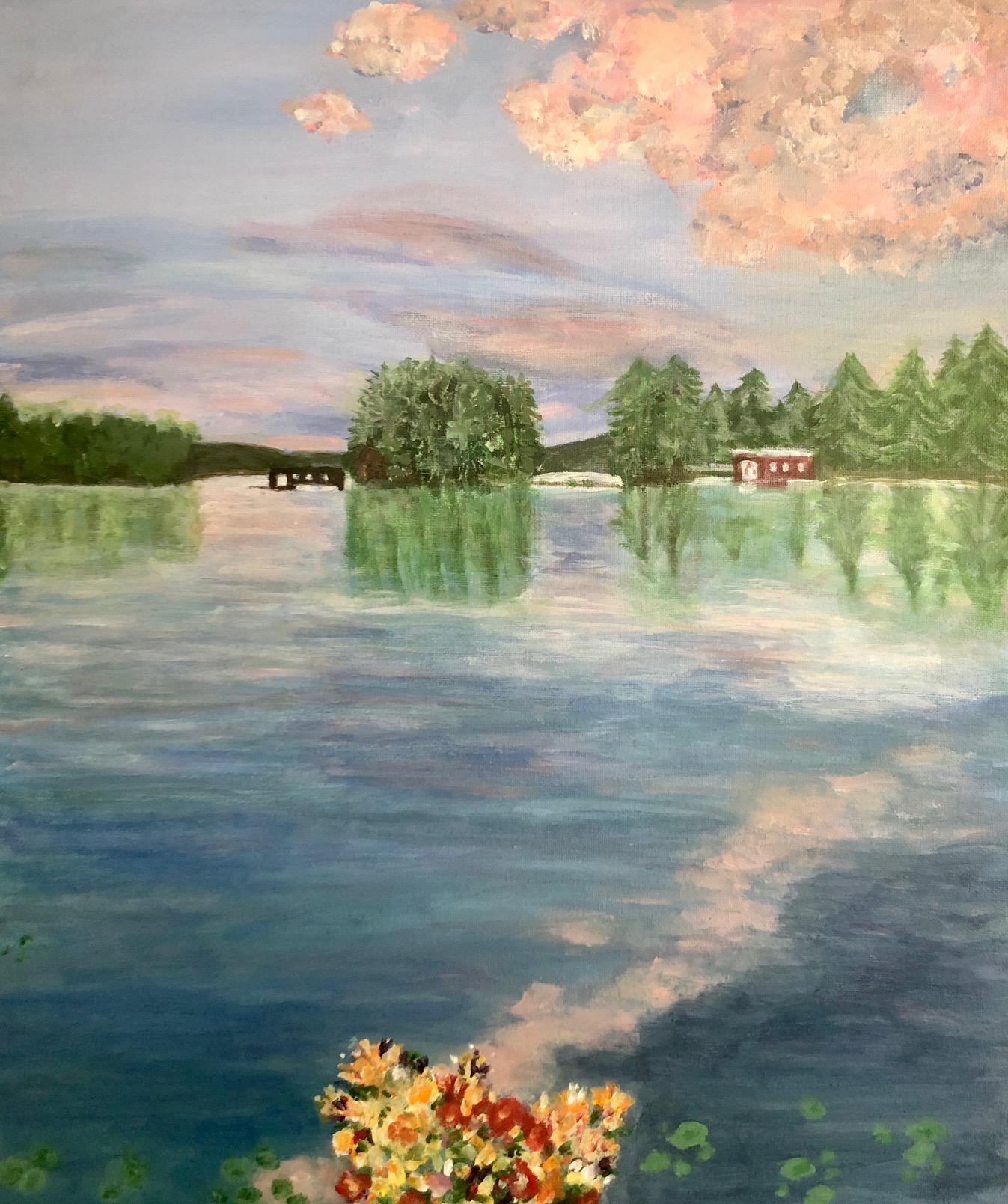 Painting of a lake at sunset with peach clouds, by Dr. Mary McCluskey (signed M. Stevens — maiden name)