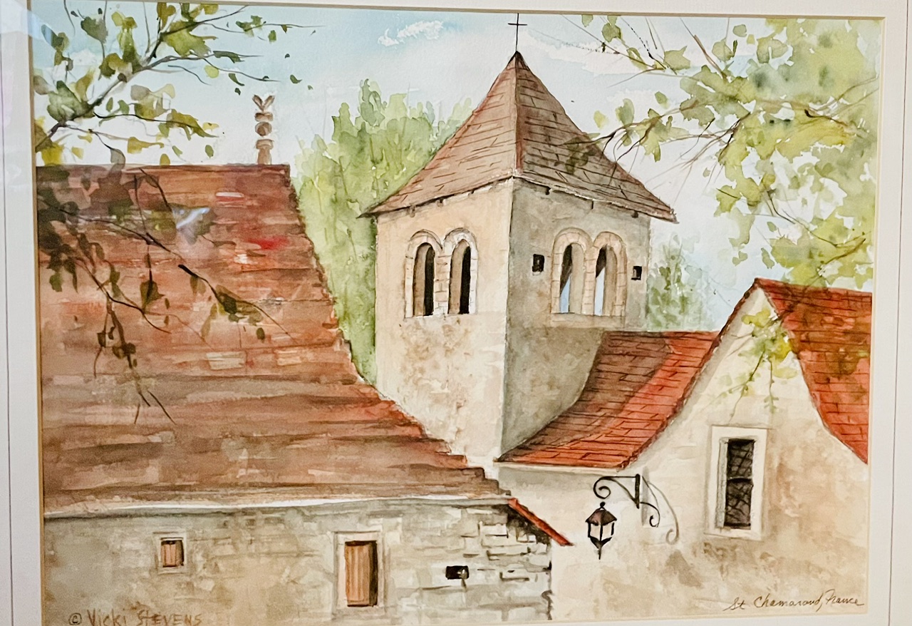 Watercolor of the church and rooftops of St Chamarand, France by Vicki Stevens