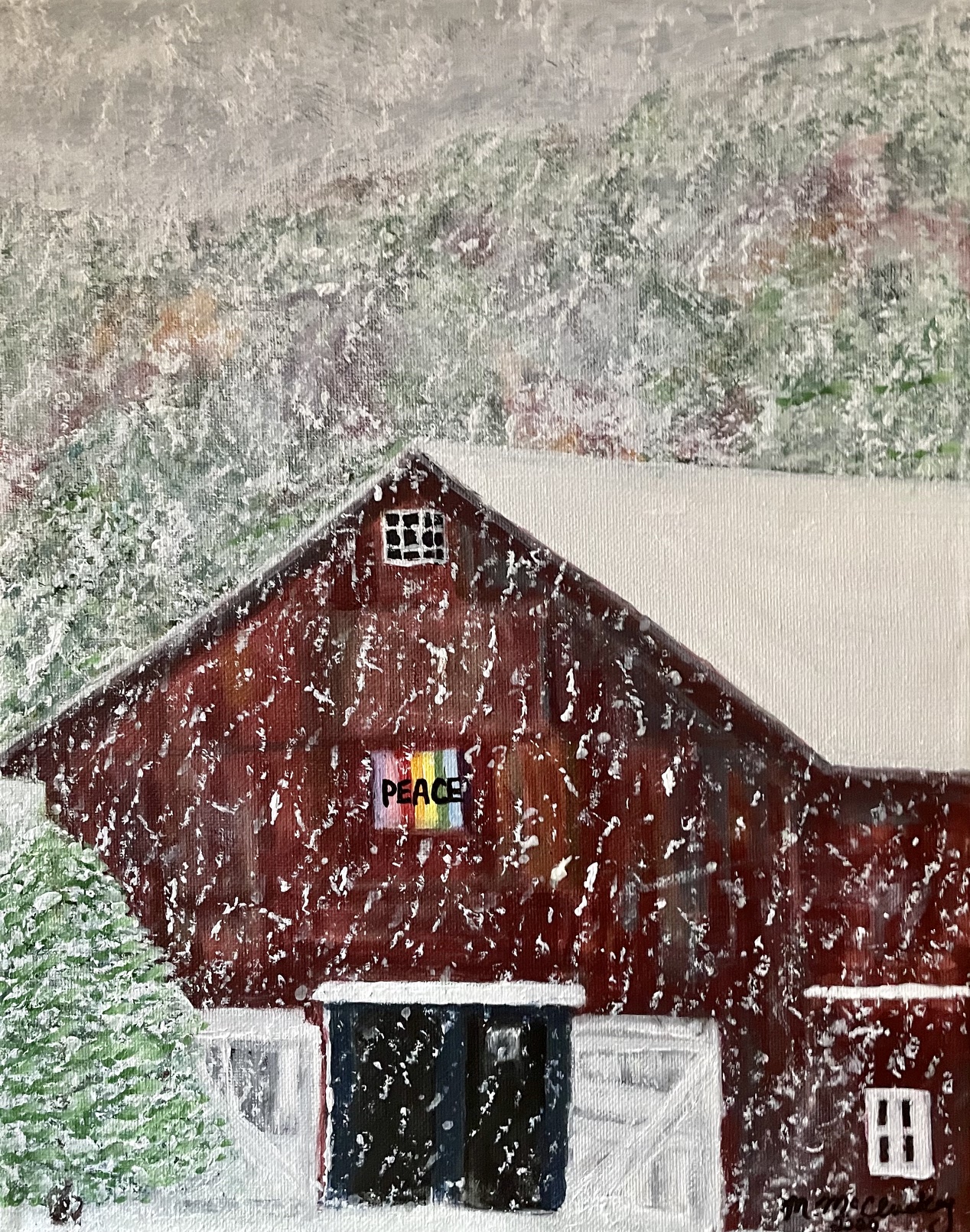 Painting of a red barn in winter snow with the word PEACE on the wall, by Dr. Mary McCluskey