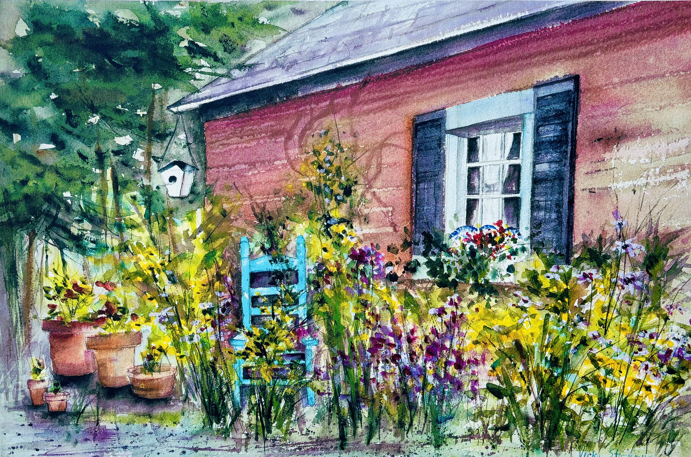 Vibrant watercolor of a pink cottage with a blue chair and wildflower garden, by Vicki Stevens