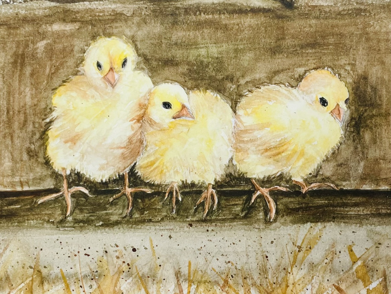 Watercolor of three baby chicks on a wooden ledge by Vicki Stevens