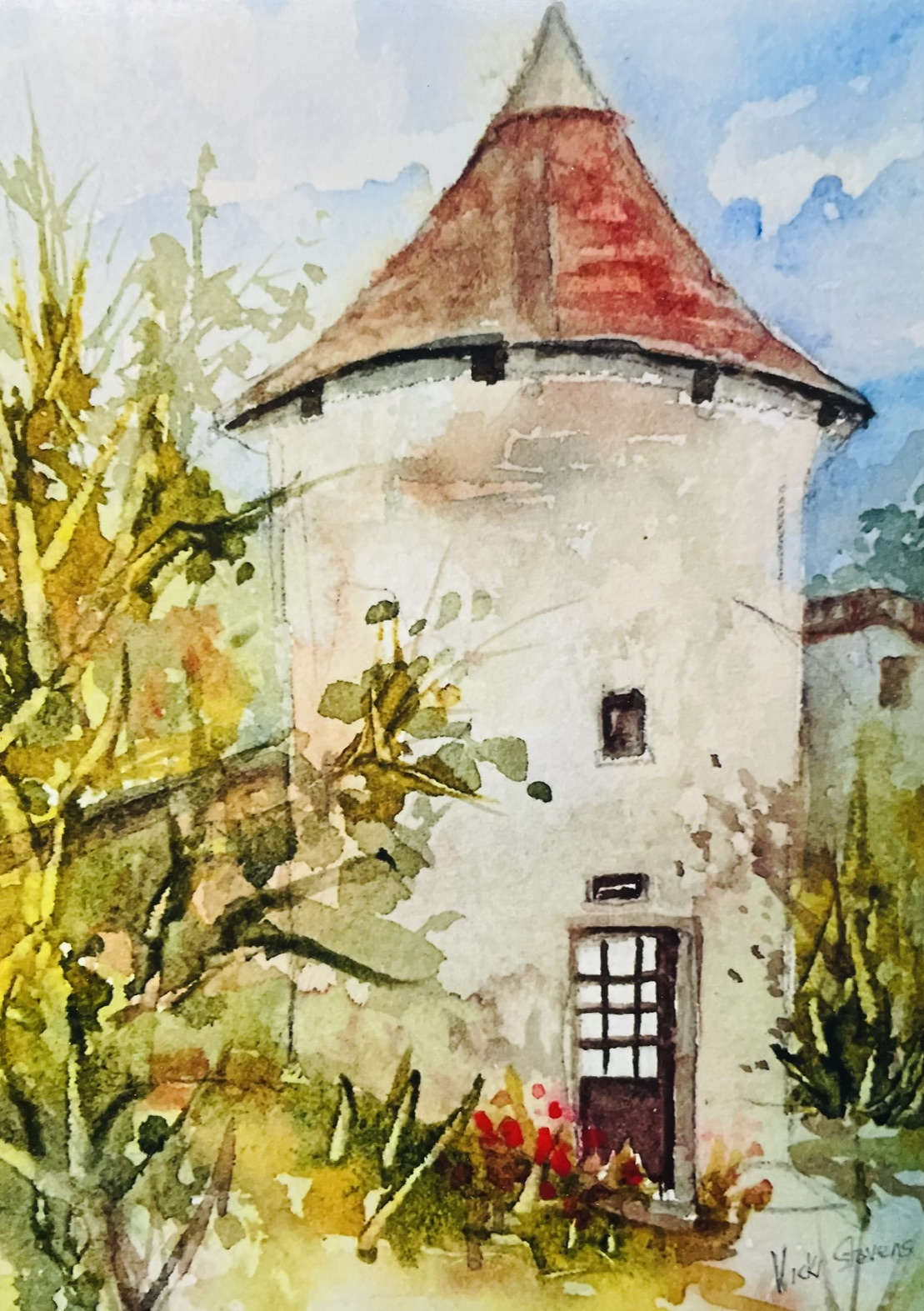 Watercolor of a stone tower with a red roof, signed Vicki Stevens