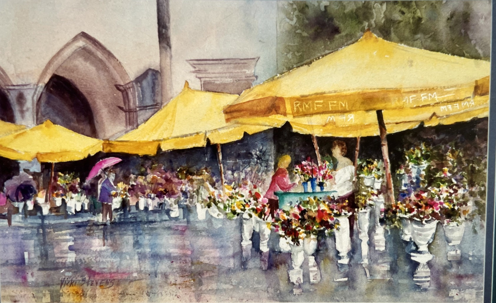 Krakow flower market with yellow umbrellas, Poland, watercolor by Vicki Stevens